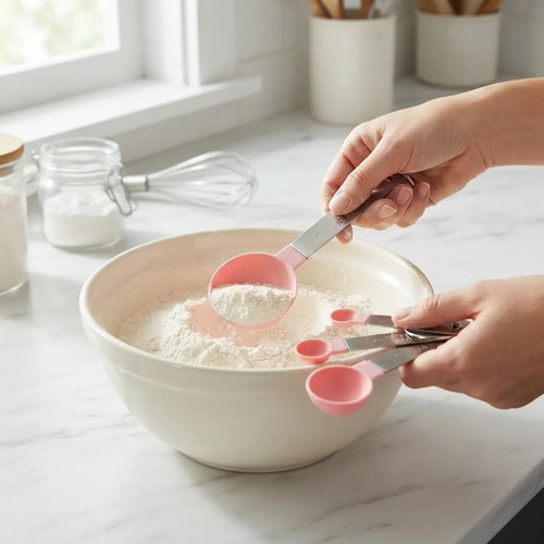 Set De 4 Cucharas Medidoras Pasteleria Reposteria Acero Inox Rosa