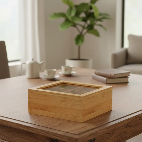 Caja De Te Madera Bamboo 4 Divisiones Tapa Acrilico