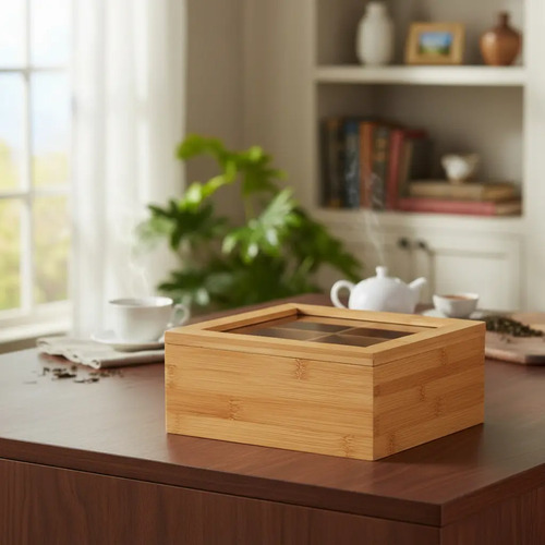 Caja De Te Madera Bamboo 4 Divisiones Tapa Acrilico