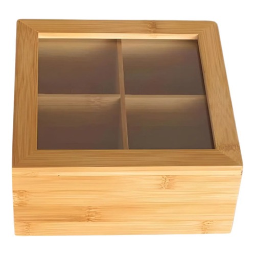 Caja De Te Madera Bamboo 4 Divisiones Tapa Acrilico
