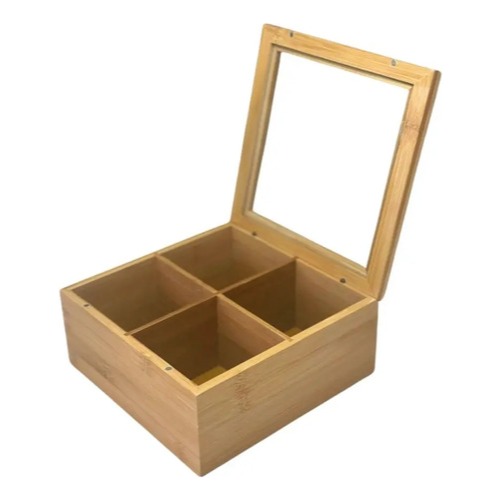 Caja De Te Madera Bamboo 4 Divisiones Tapa Acrilico