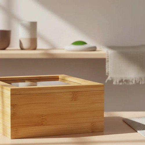 Caja De Te Madera Bamboo 4 Divisiones Tapa Acrilico