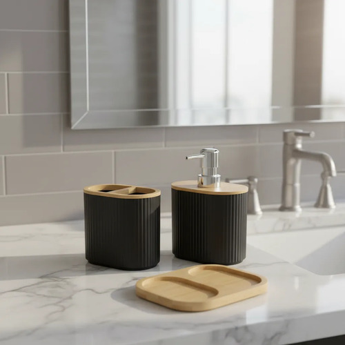 Set Baño 3 Piezas Jabonera Dispenser Porta Cepillos Base