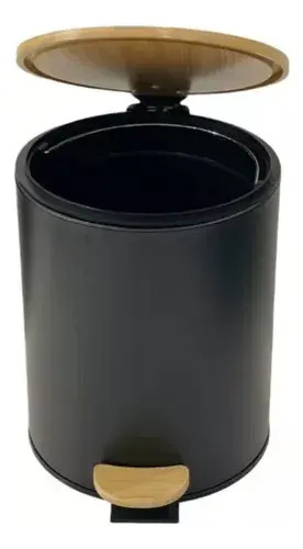 Cesto De Basura Redondo Acero Tapa Bamboo 5 Litros Negro
