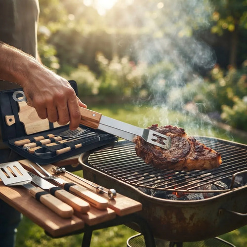 Set Asado 9 Piezas Parrillero Tela Cuchillo Tabla Espatula