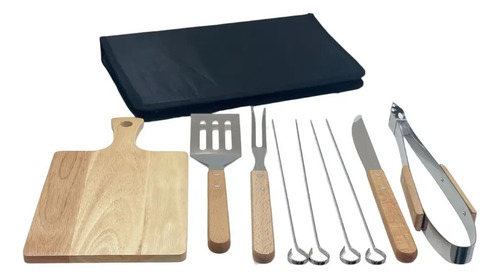 Set Asado 9 Piezas Parrillero Tela Cuchillo Tabla Espatula