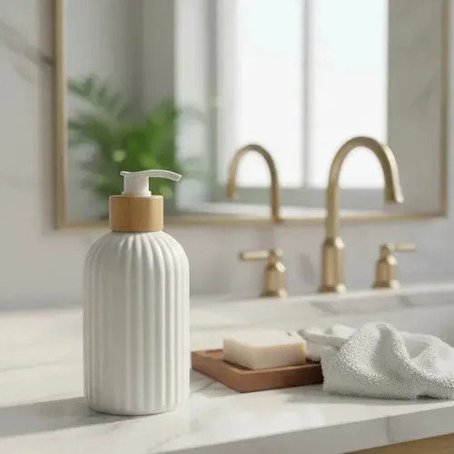 Dispenser Jabón Líquido Acanalado Con Tapa Simil Bambú 250ml