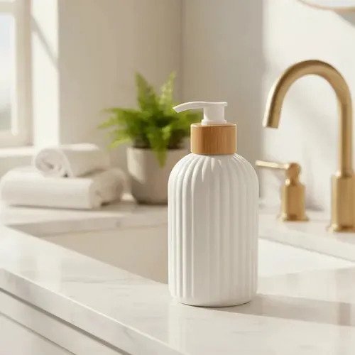 Dispenser Jabón Líquido Acanalado Con Tapa Simil Bambú 250ml