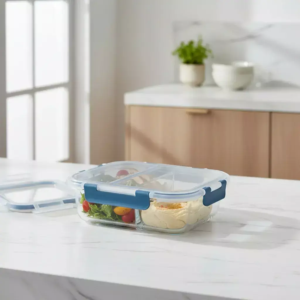 Tuper Vidrio Hermetico Rectangular 2 Divisiones Horno 980ml