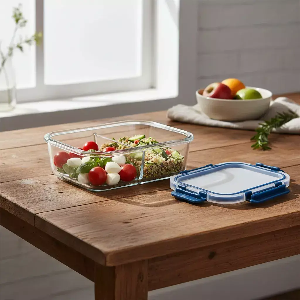 Tuper Vidrio Hermetico Rectangular 2 Divisiones Horno 1360ml