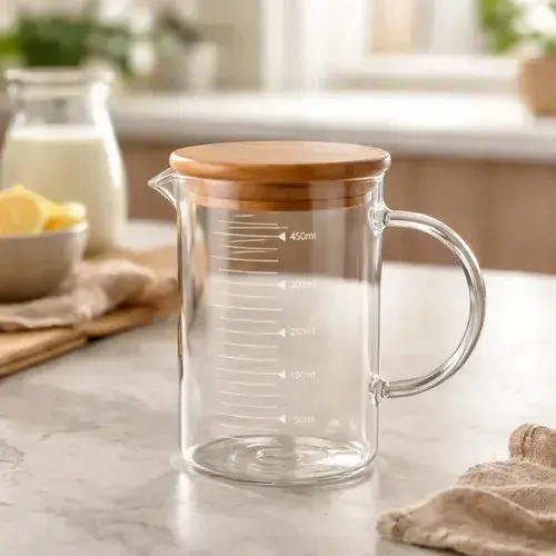 Jarra Medidora De Vidrio Con Tapa De Bambú 500ml Marrón Claro