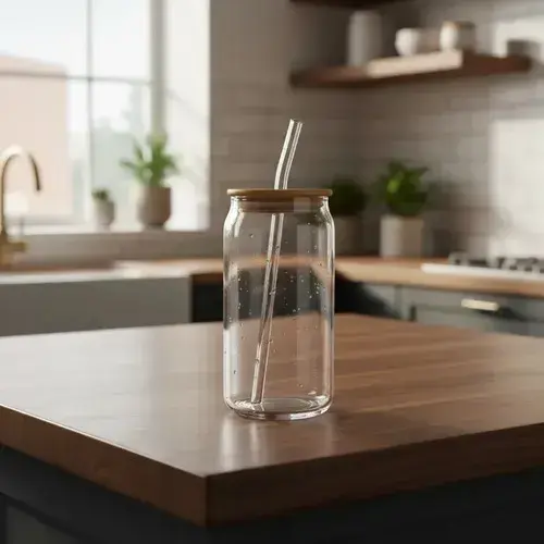 Vaso De Vidrio Con Tapa De Bambú Y Sorbete Diseño Liso Marrón Claro Sí