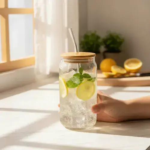 Vaso De Vidrio Con Tapa De Bambú Y Sorbete Diseño Liso Marrón Claro Sí