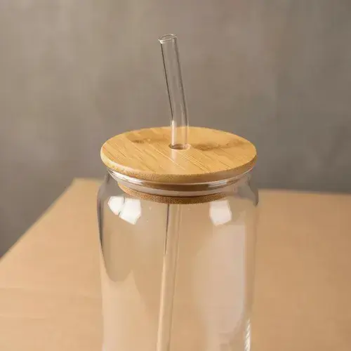 Vaso De Vidrio Con Tapa De Bambú Y Sorbete Diseño Liso Marrón Claro Sí