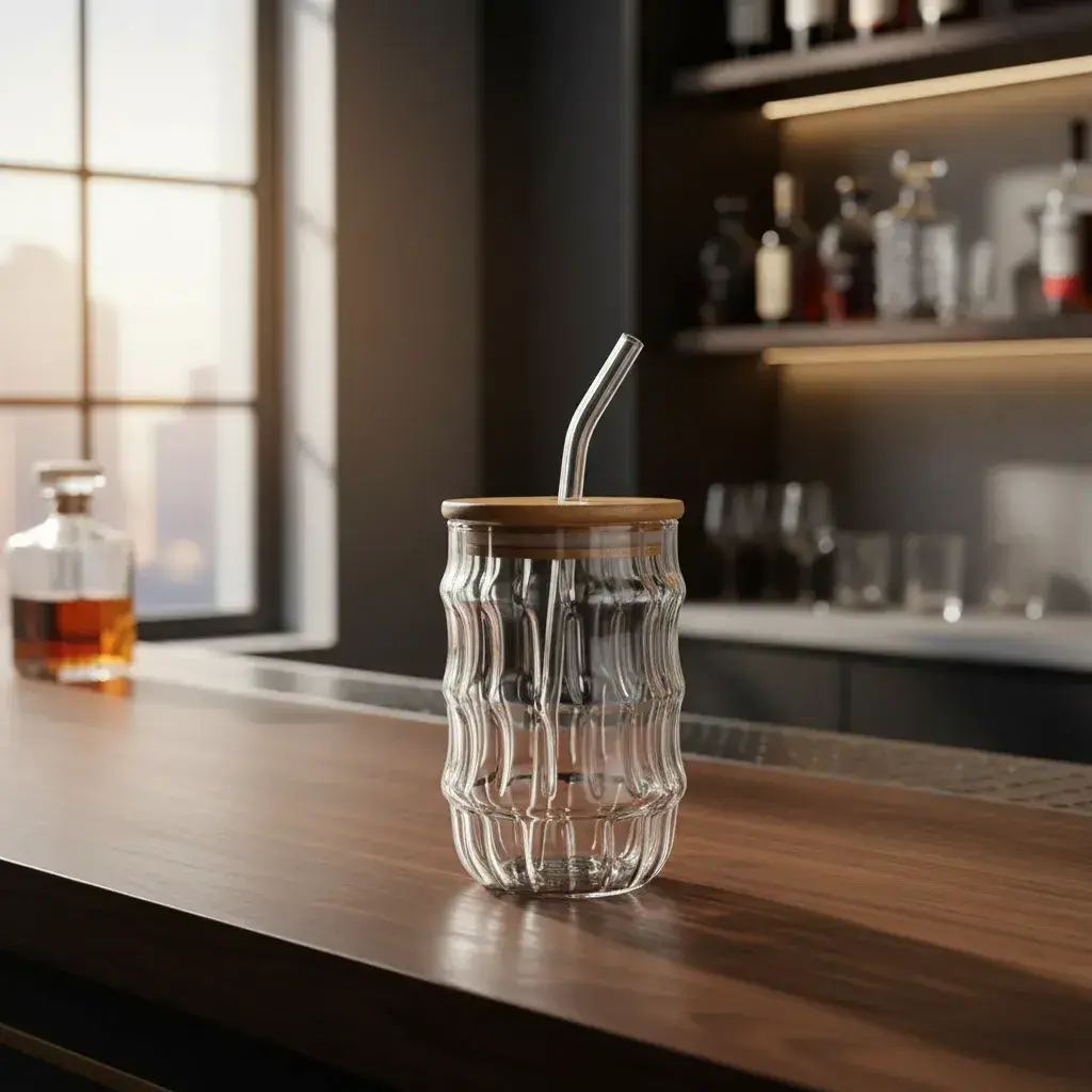 Vaso De Vidrio Con Tapa De Bambú Y Sorbete Diseño Ondulado Marrón Claro