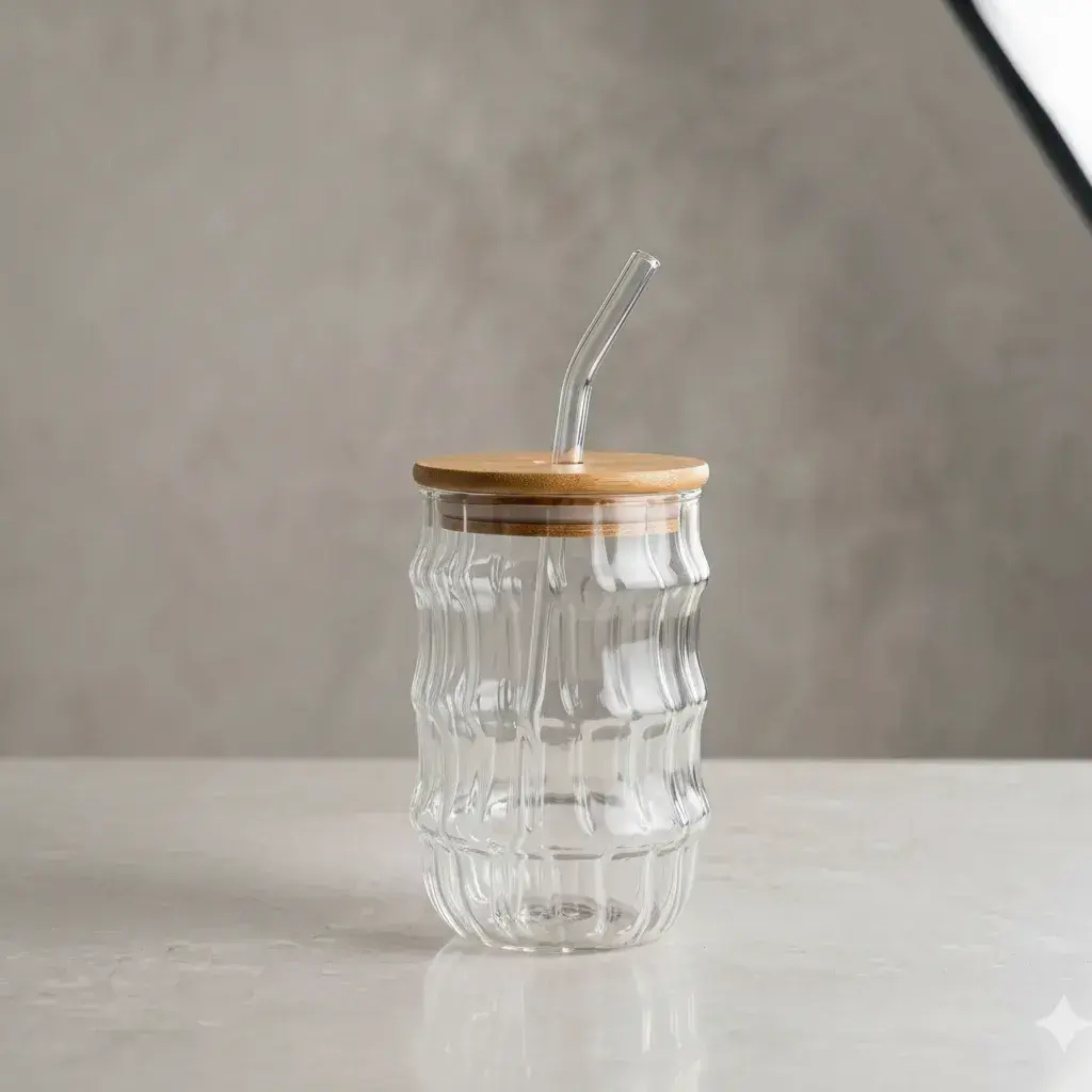 Vaso De Vidrio Con Tapa De Bambú Y Sorbete Diseño Ondulado Marrón Claro