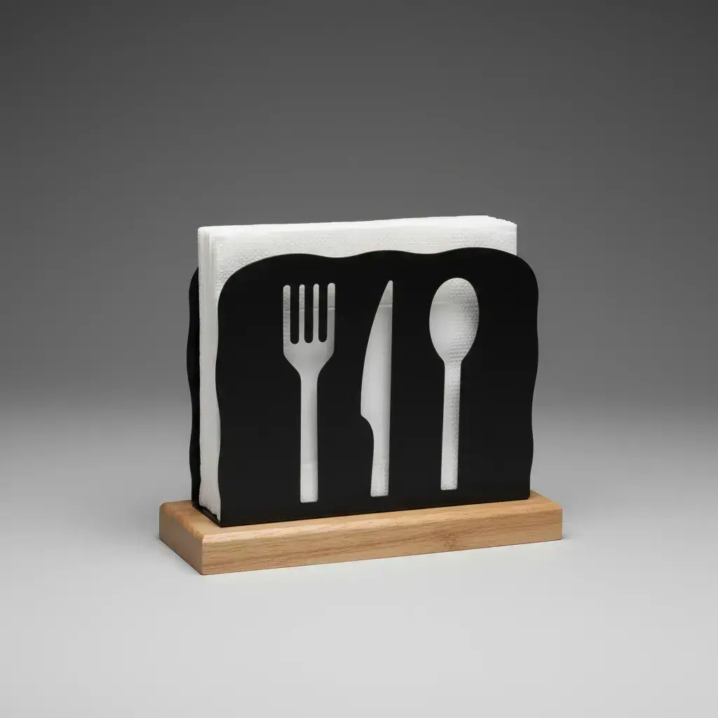 Servilletero Base Bambú Metal Negro Utensillos