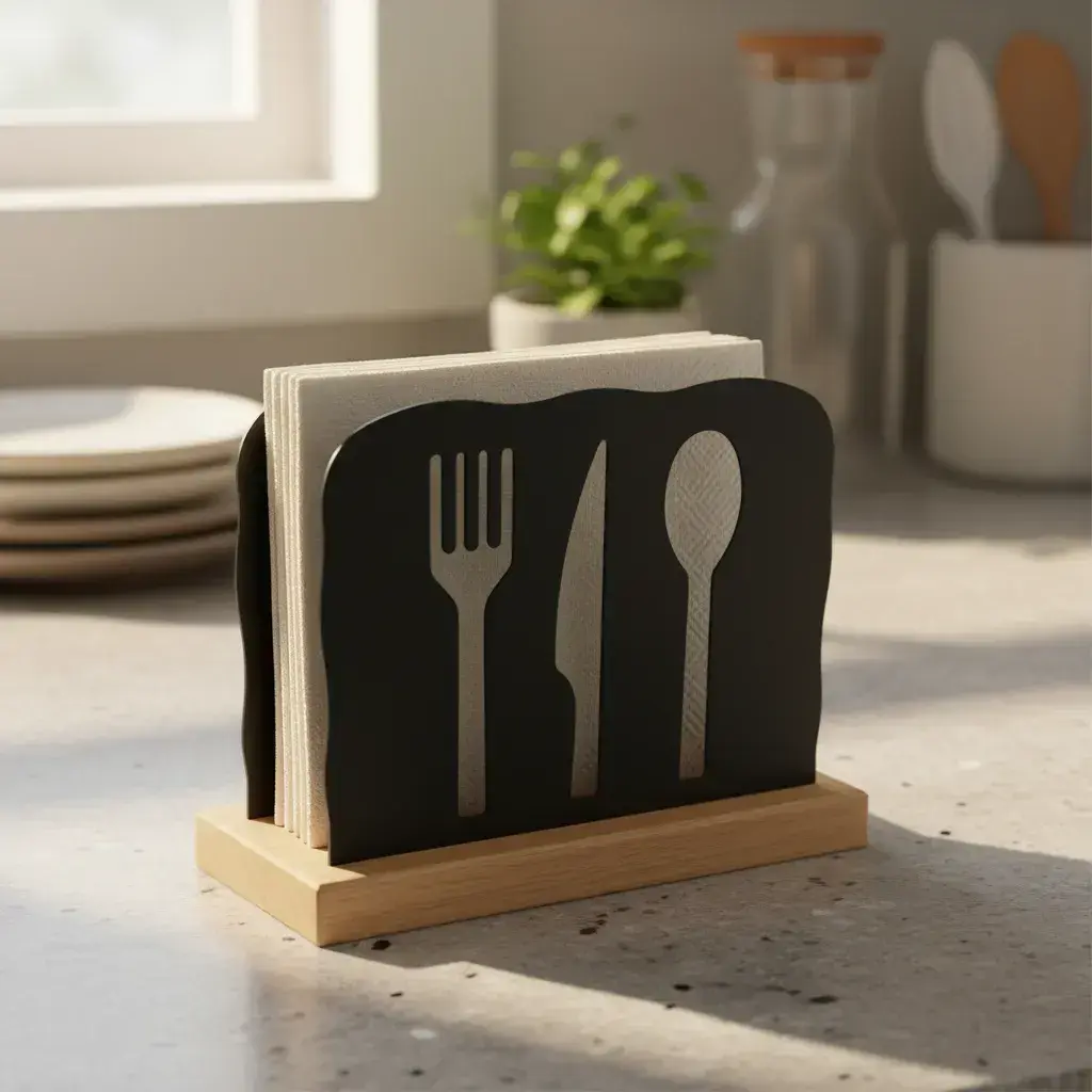 Servilletero Base Bambú Metal Negro Utensillos