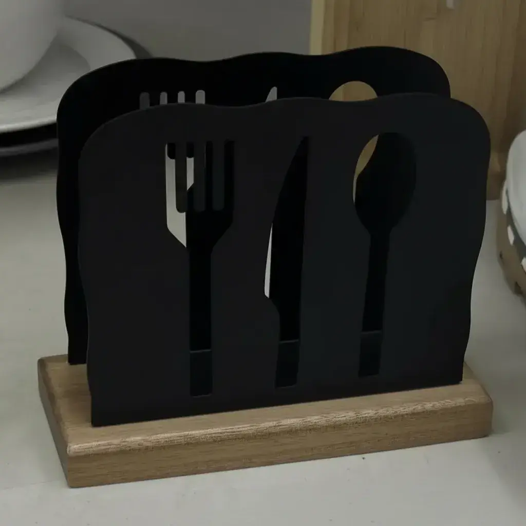 Servilletero Base Bambú Metal Negro Utensillos