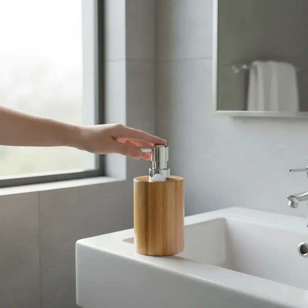 Dispenser Dosificador De Jabón Líquido De Bambú Para Baño