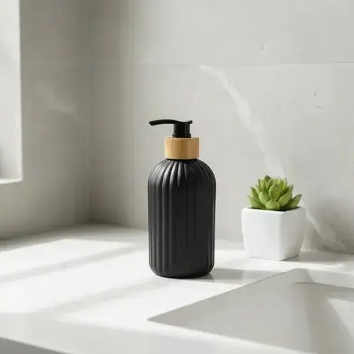 Dispenser Jabón Líquido Acanalado Con Tapa Simil Bambú 250ml