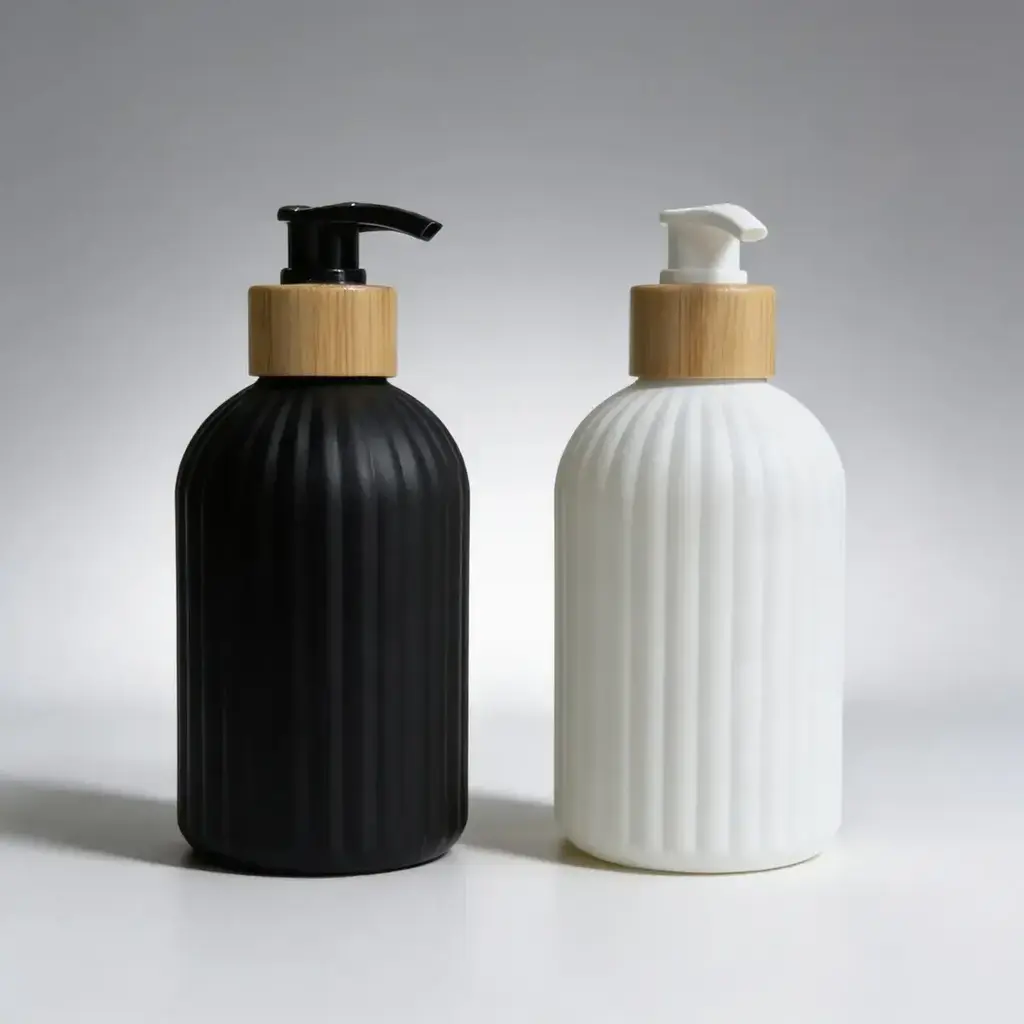 Dispenser Jabón Líquido Acanalado Con Tapa Simil Bambú 250ml