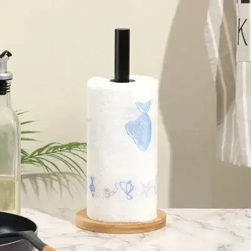 Porta Rollo De Cocina De Acero Inoxidable Con Base De Bambú Negro