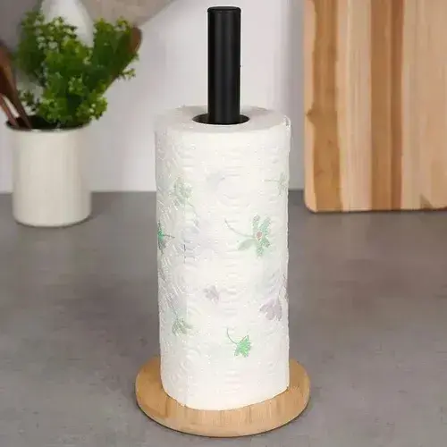 Porta Rollo De Cocina De Acero Inoxidable Con Base De Bambú Negro
