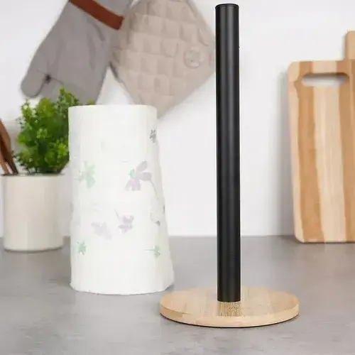 Porta Rollo De Cocina De Acero Inoxidable Con Base De Bambú Negro