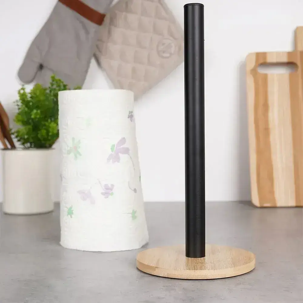 Porta Rollo De Cocina De Acero Inoxidable Con Base De Bambú Negro