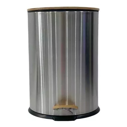 Cesto De Basura Redondo Acero Tapa Bamboo 20 Litros Acero