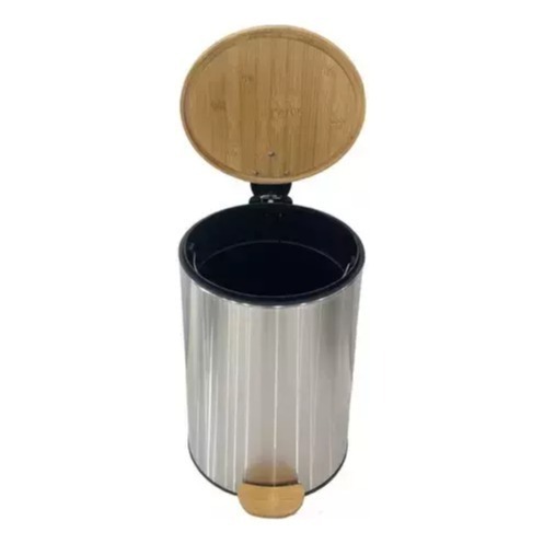 Cesto De Basura Redondo Acero Tapa Bamboo 20 Litros Acero