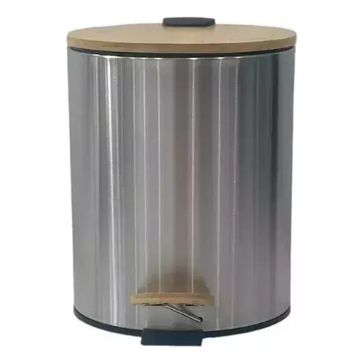 Cesto De Basura Redondo Acero Tapa Bamboo 5 Litros Acero