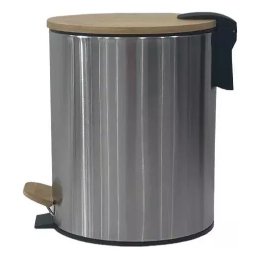 Cesto De Basura Redondo Acero Tapa Bamboo 5 Litros Acero