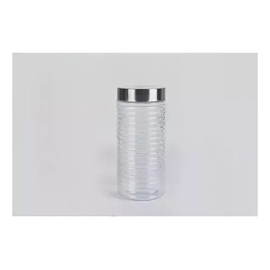 FRASCO VIDRIO REDONDO RAYADO FINO TAPA ACERO 1350 ML MEDIANO (23x9,5)