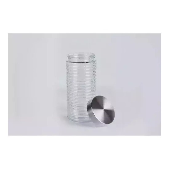 FRASCO VIDRIO REDONDO RAYADO FINO TAPA ACERO 1350 ML MEDIANO (23x9,5)