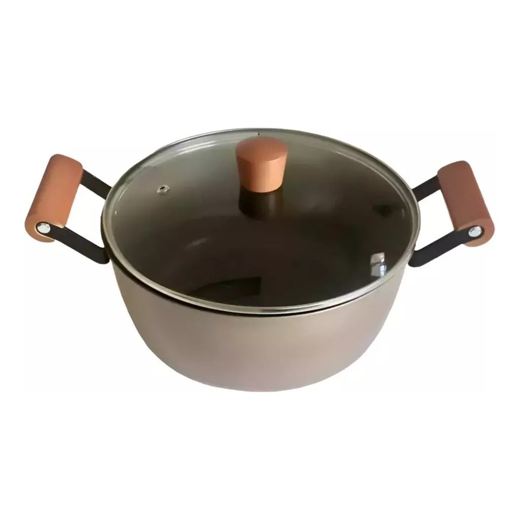 Olla Cacerola De Teflon 24 Cm Con Tapa De Vidrio Con Madera