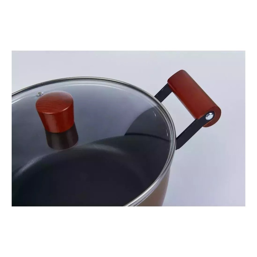 Olla Cacerola De Teflon 24 Cm Con Tapa De Vidrio Con Madera