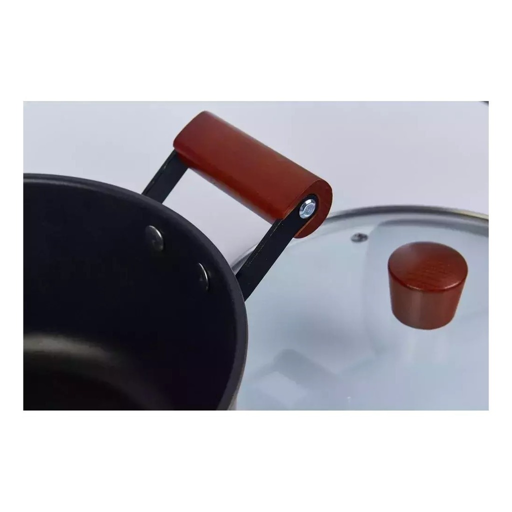 Olla Cacerola De Teflon 24 Cm Con Tapa De Vidrio Con Madera