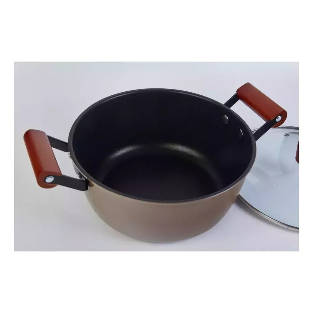 Olla Cacerola De Teflon 24 Cm Con Tapa De Vidrio Con Madera