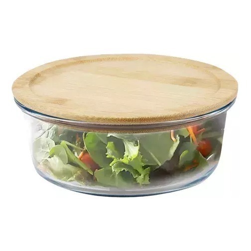 Pote Hermético De Vidrio Redondo Tapa Bamboo 620 Ml Tuper Taper