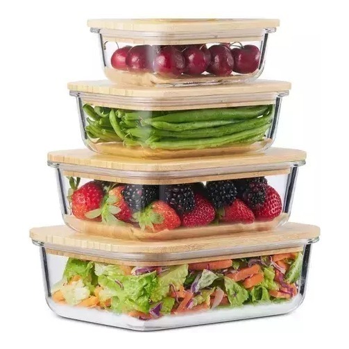 Pack 4 Taper Tuper Vidrio Hermetico Bambu Organizador