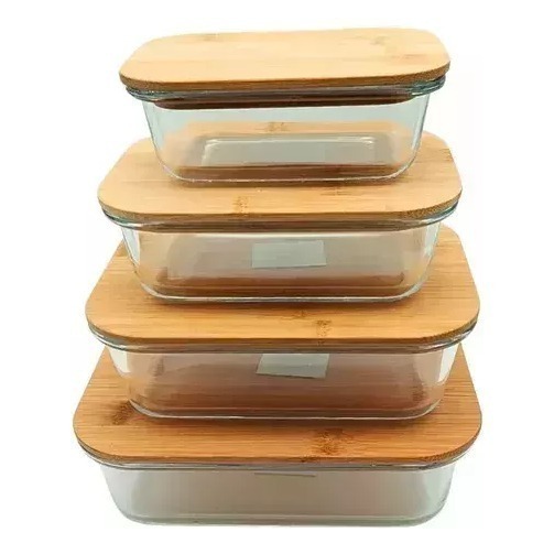 Pack 4 Taper Tuper Vidrio Hermetico Bambu Organizador