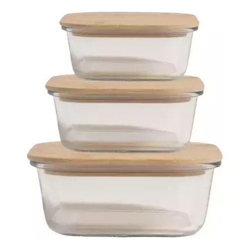 Pack 3 Taper Tuper CuadradoVidrio Hermetico Bambu Organizador MLXL