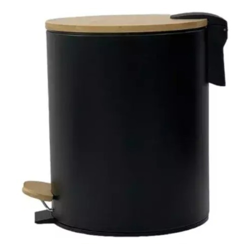 Cesto De Basura Redondo Acero Tapa Bamboo 5 Litros Negro