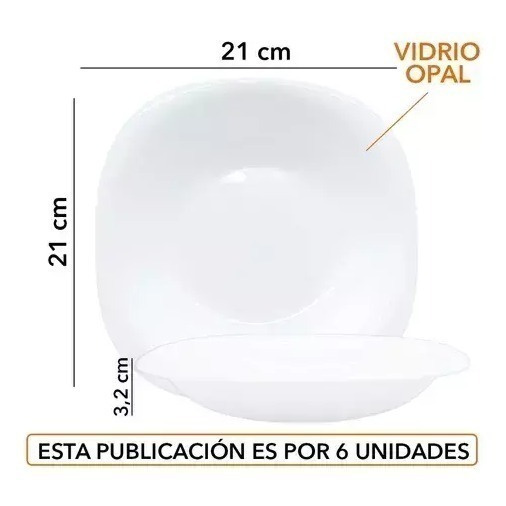 Plato Hondo Vidrio Opal Cuadrado Unid Carol Cocina 21 Cm