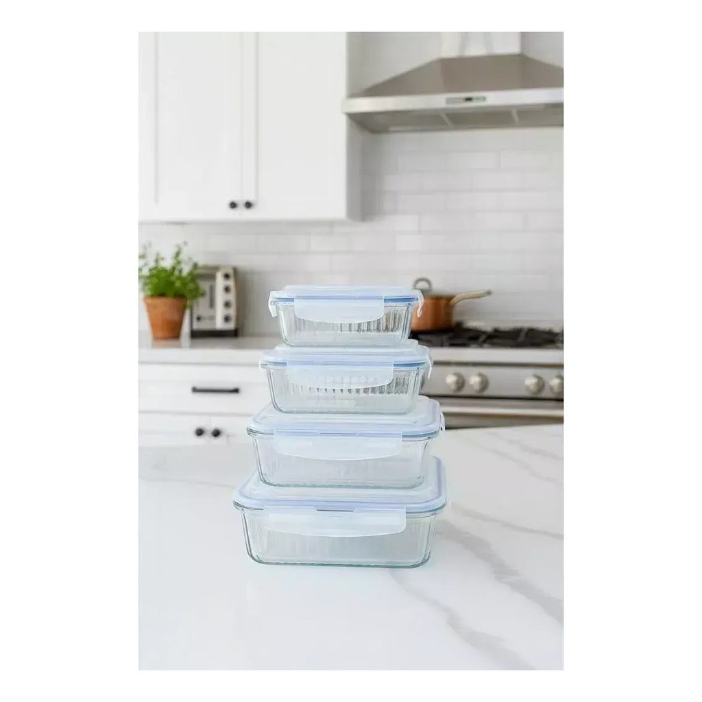 Set 4 Tuper Recipientes Vidrio Pirex Horno Freezer Rectangular