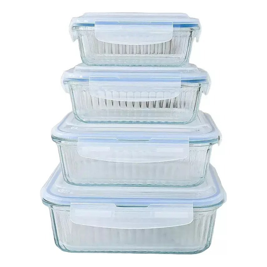 Set 4 Tuper Recipientes Vidrio Pirex Horno Freezer Rectangular
