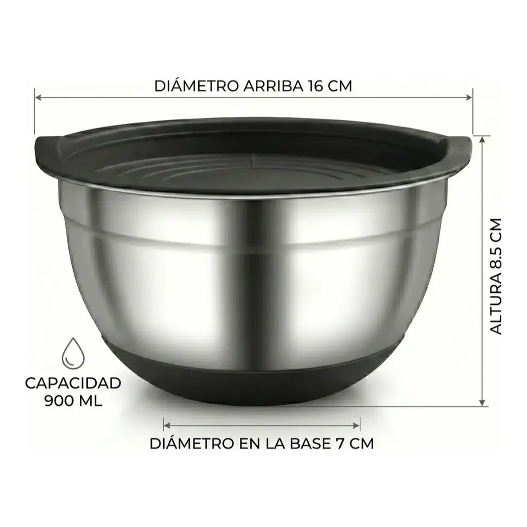 Bowl De Acero Inoxidable Con Base De Silicona varias medidas Tapa