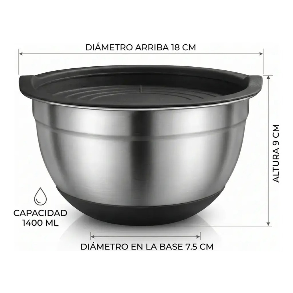 Bowl De Acero Inoxidable Con Base De Silicona varias medidas Tapa